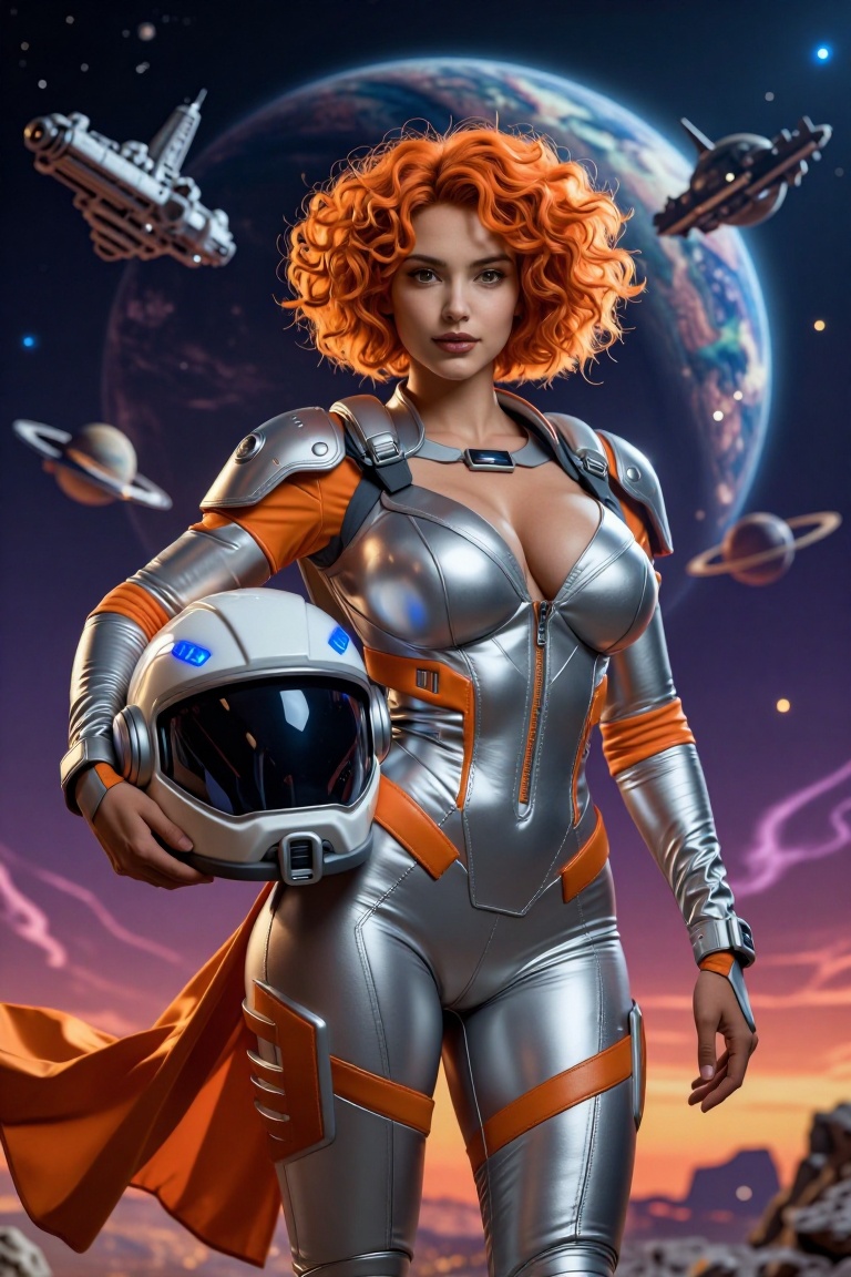 The image depicts a stylized,  futuristic character standing against a vibrant,  space-themed background. The character ha...