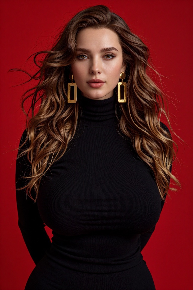 The image features a person with long,  wavy brown hair,  wearing a black turtleneck top. They are adorned with large on T...
