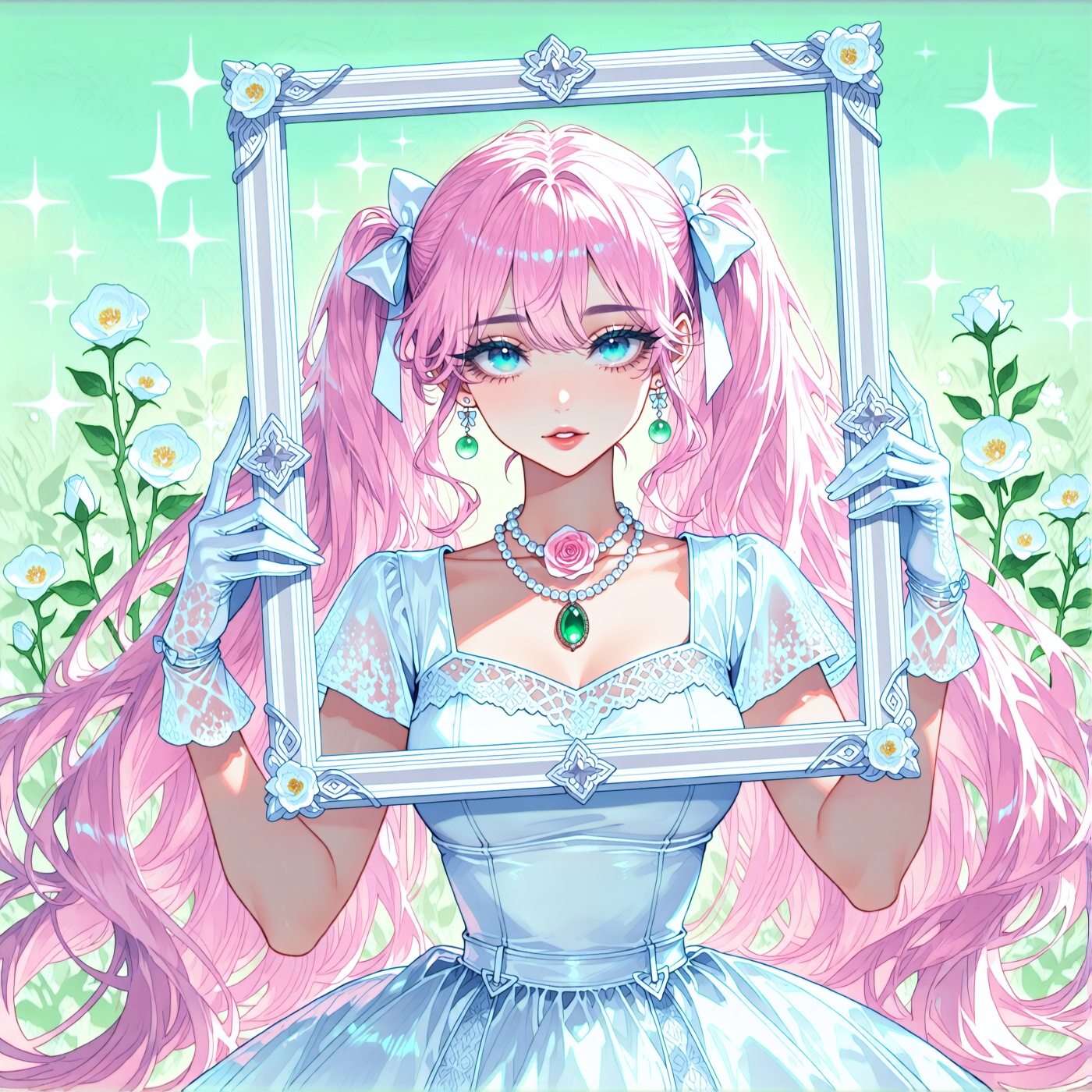 A Japanese shojo manga magazine cover illustration,  composition pastel background with sparkles,  sweet theme throughout....