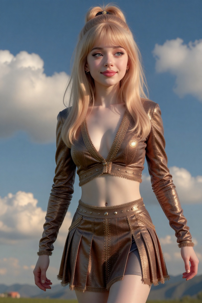Byzantine girl with blue sky and white clouds background,  sexy outfit,  upper body on Tensor.Art