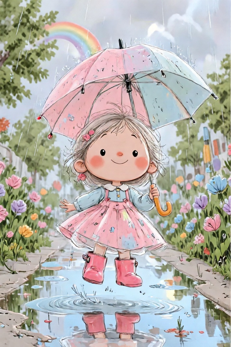 whimsical cartoon little girl jumping in puddles with rain boots,  holding a pastel umbrella,  cartoon raindrops and rainb...