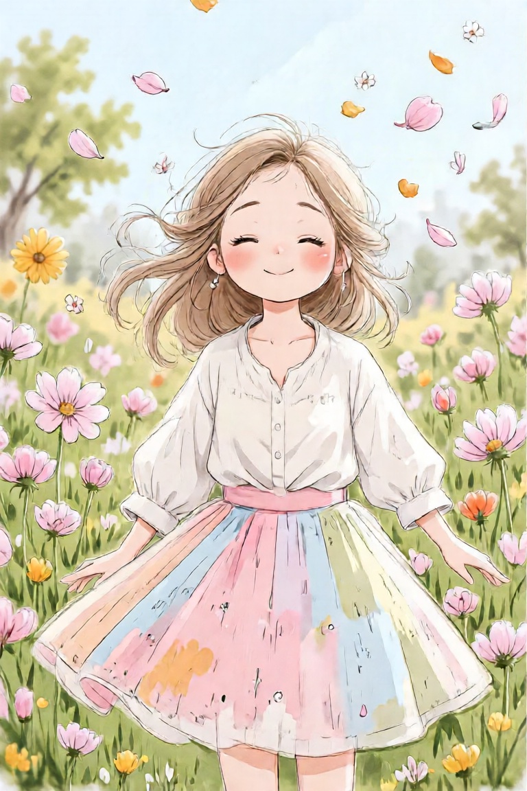 Watercolor flower fields,  loosely tied hair,  a white blouse and a pastel-colored skirt on Tensor.Art