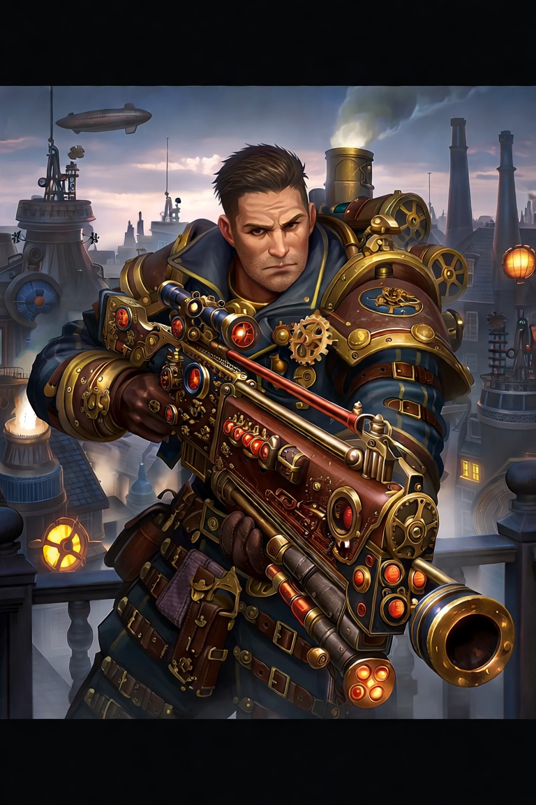 Fantasy detailers,  Aesthetic Muscle Man,  A rugged and handsome 35-year-old special ops soldier in detailed steampunk tac...