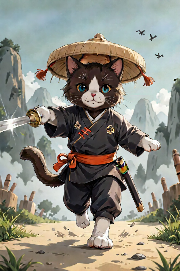 Create an image of a cat standing upright in traditional East Asian attire,  wearing a wide bamboo hat on the head,  wield...