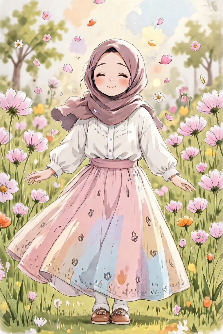 Watercolor flower fields,  girl wearing hijab,  a white blouse and a pastel-colored long skirt on Tensor.Art