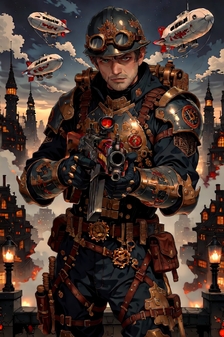 Fantasy detailers,  Aesthetic Muscle Man,  A rugged and handsome 35-year-old special ops soldier in detailed steampunk tac...