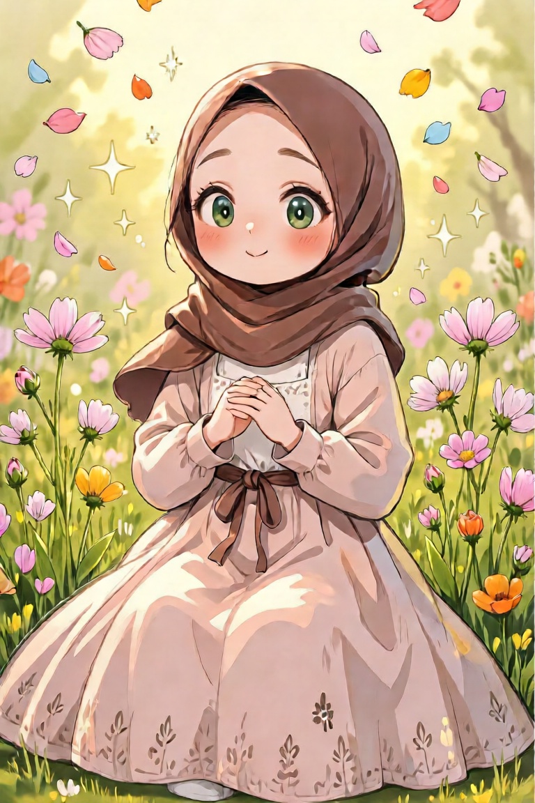 a cute girl in an anime-style illustration has wearing brown hijab,  big eyes,  and bangs. she is wearing long dress and h...