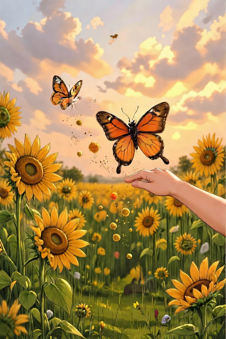 A child’s hand releasing a monarch butterfly into a sunflower field at sunset,  golden pollen dust floating,  emotional an...