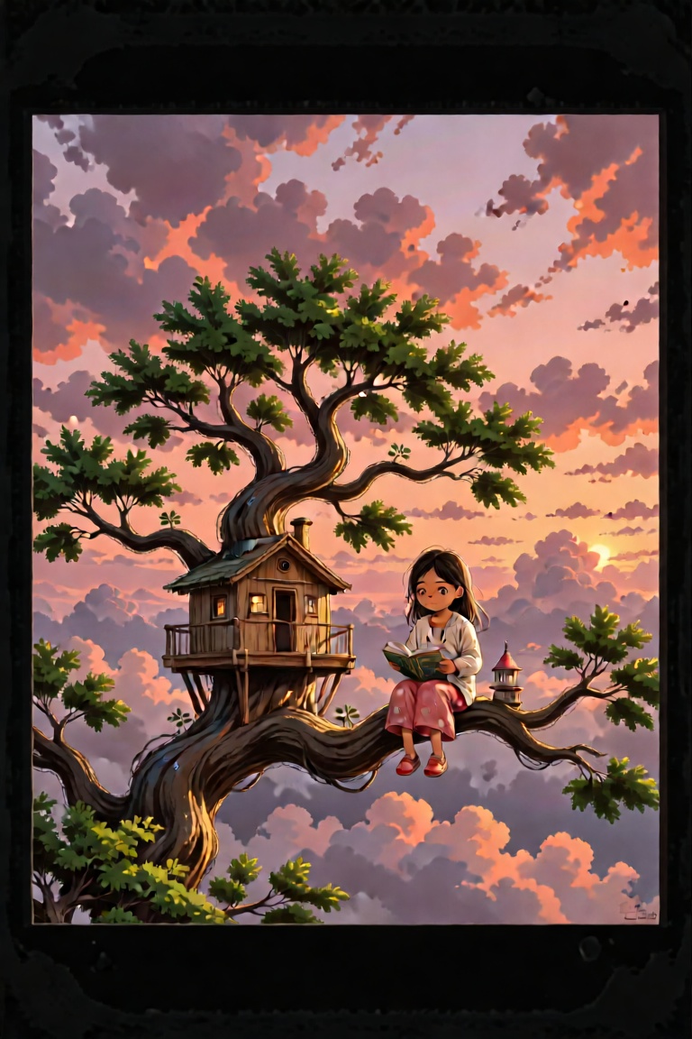 Create an image that captures a remarkable scene of a young South Asian girl sitting on a branch of an intricately twisted...