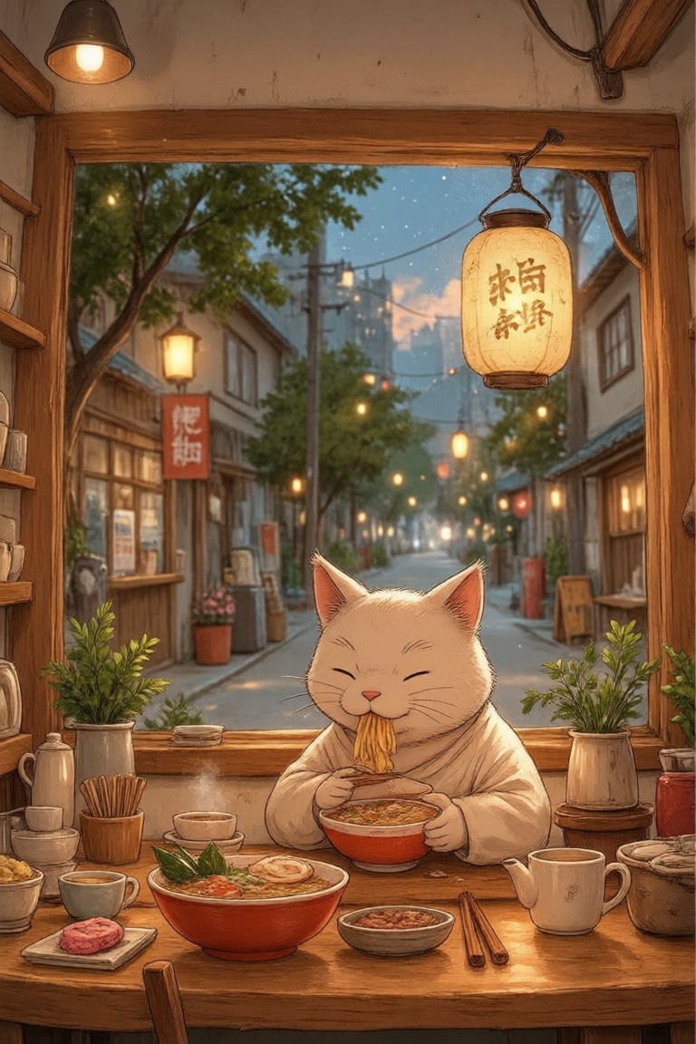 image rendered in the Studio Ghibli style (or similar anime/manga aesthetic) depicting a fat,  white cat sitting at a wood...