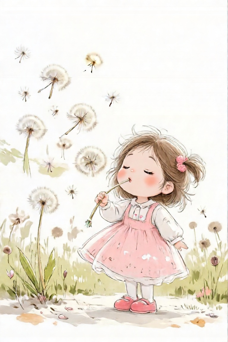 A simple cute illustration of a little girl gently blowing a dandelion,  with fluffy seeds floating away in the air,  soft...