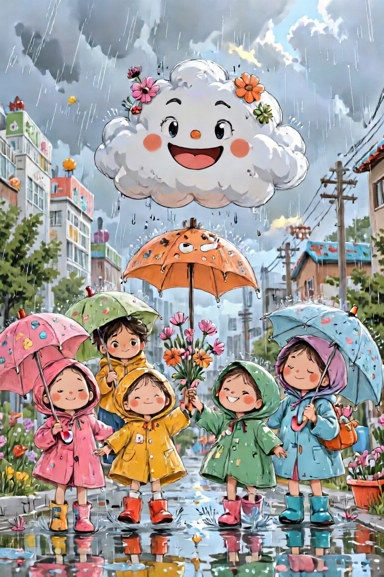 A whimsical,  kids,  featuring a group of playful children trying to coax the rain away. The children are dressed in color...