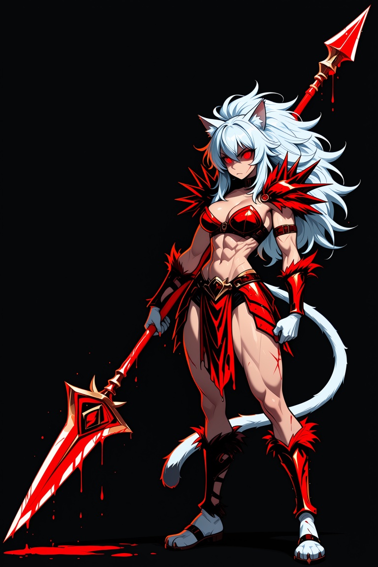Intense catgirl barbarian holding an oversized magical spear with a long stylized red blade,  blood smeared splattered and...