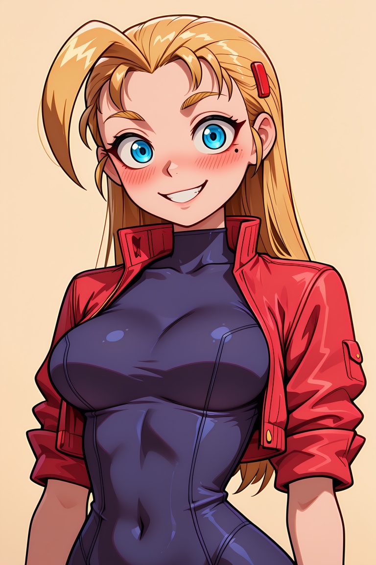 score_9,  score_8_up,  1girl with long slicked‑back blonde hair and an ahoge. She has bright blue eyes and a small mole un...