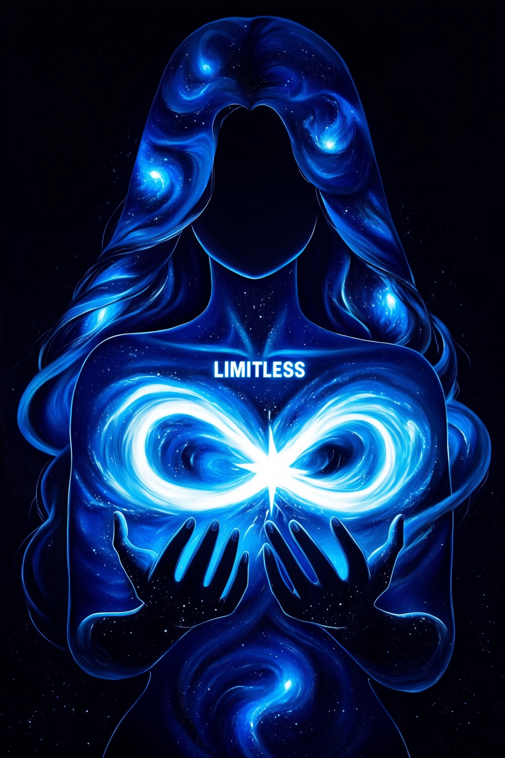 masterpiece,  very aesthetic,  A white glowing text on the woman chest saying "LIMITLESS" on Tensor.Art