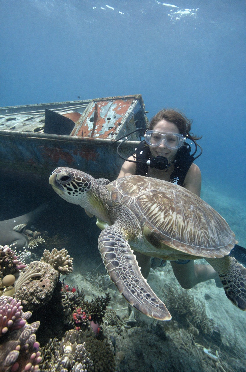 a close-up of female diver holds a turtle,  submerged,  turtle on Tensor.Art