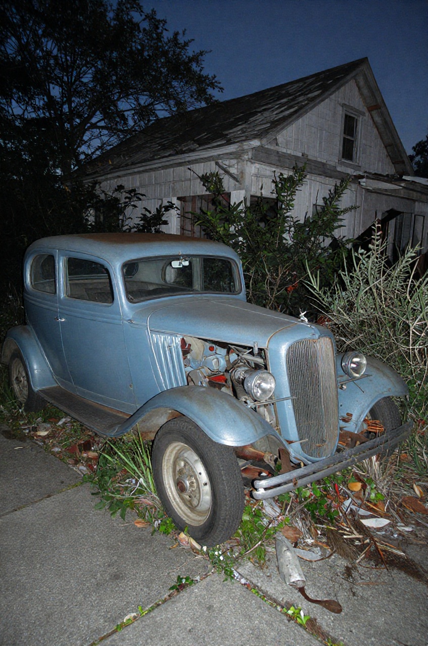 A decrepit scene unfolds: a 1932 Ford Tudor Sedan,  faded blue hue glistening under strobe light's eerie glow. Framed at a...