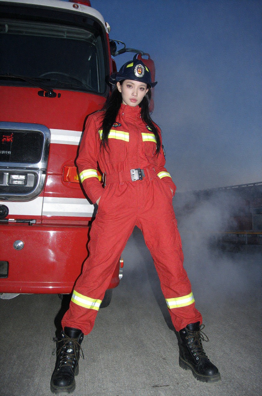 a full-body type shot captures a woman dressed as a firefighter leaning casually against the front side of a vibrant red f...