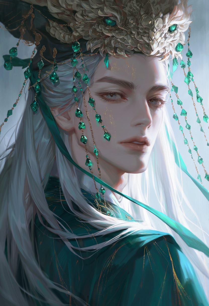 zer0q,  male with long silver-white hair tied with jade green ribbon,  soft grey eyes with golden flecks on Tensor.Art