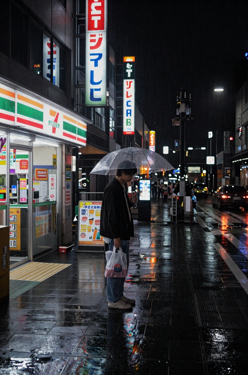 Real-life photograph of a rainy night in a Japanese city. A young man stands under a clear umbrella next to a brightly ill...