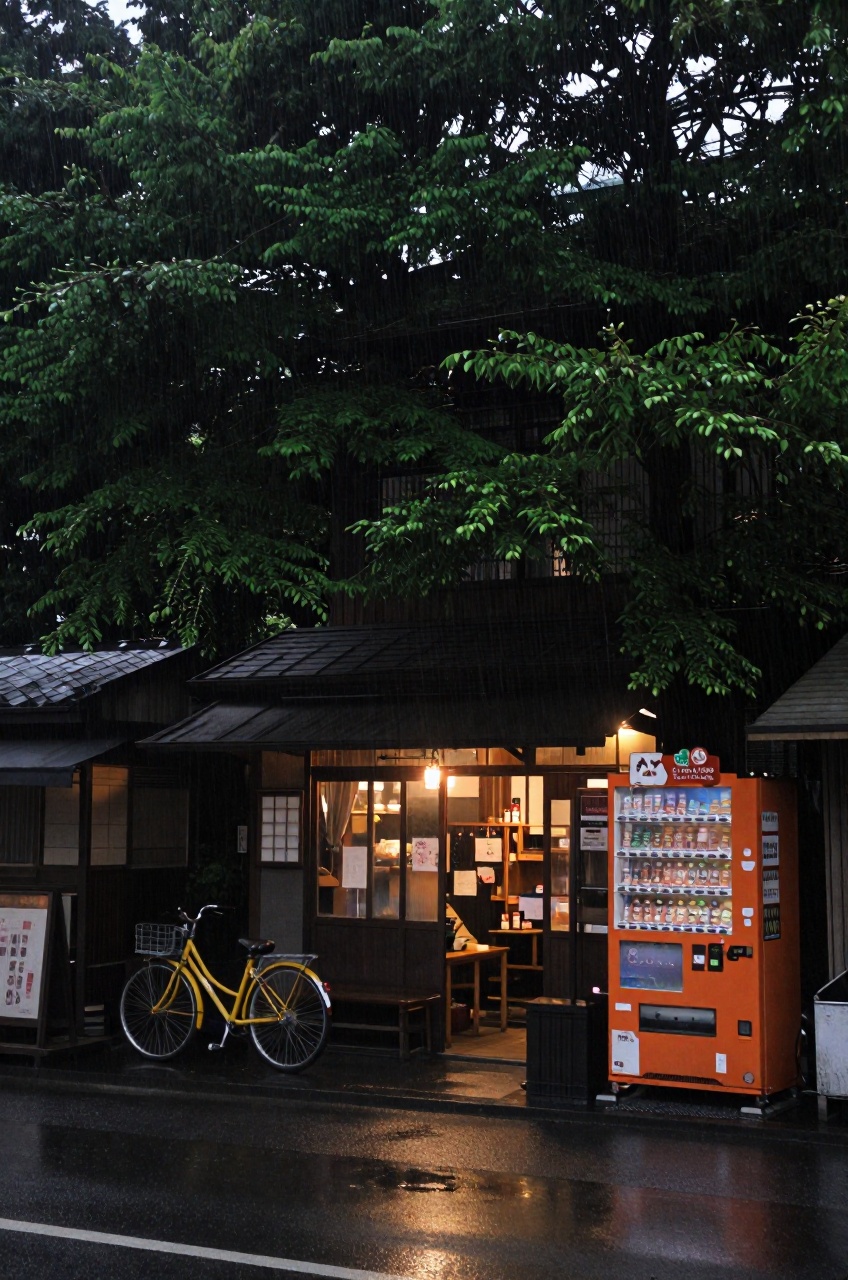 Real-life photograph of a cozy Japanese countryside shop hidden under a canopy of lush green trees during a downpour. Warm...