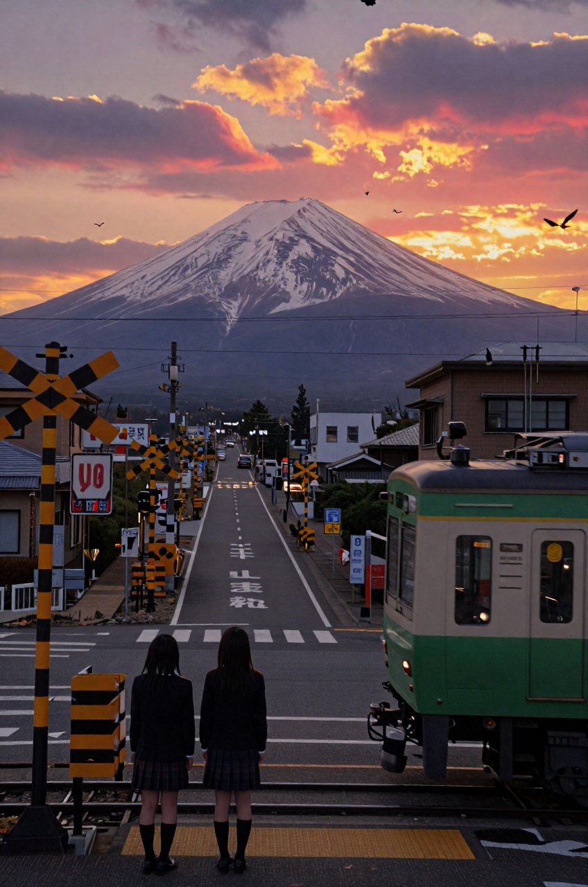 a Japanese town street at sunset. In the foreground,  two high school students in uniforms stand at a railroad crossing wa...