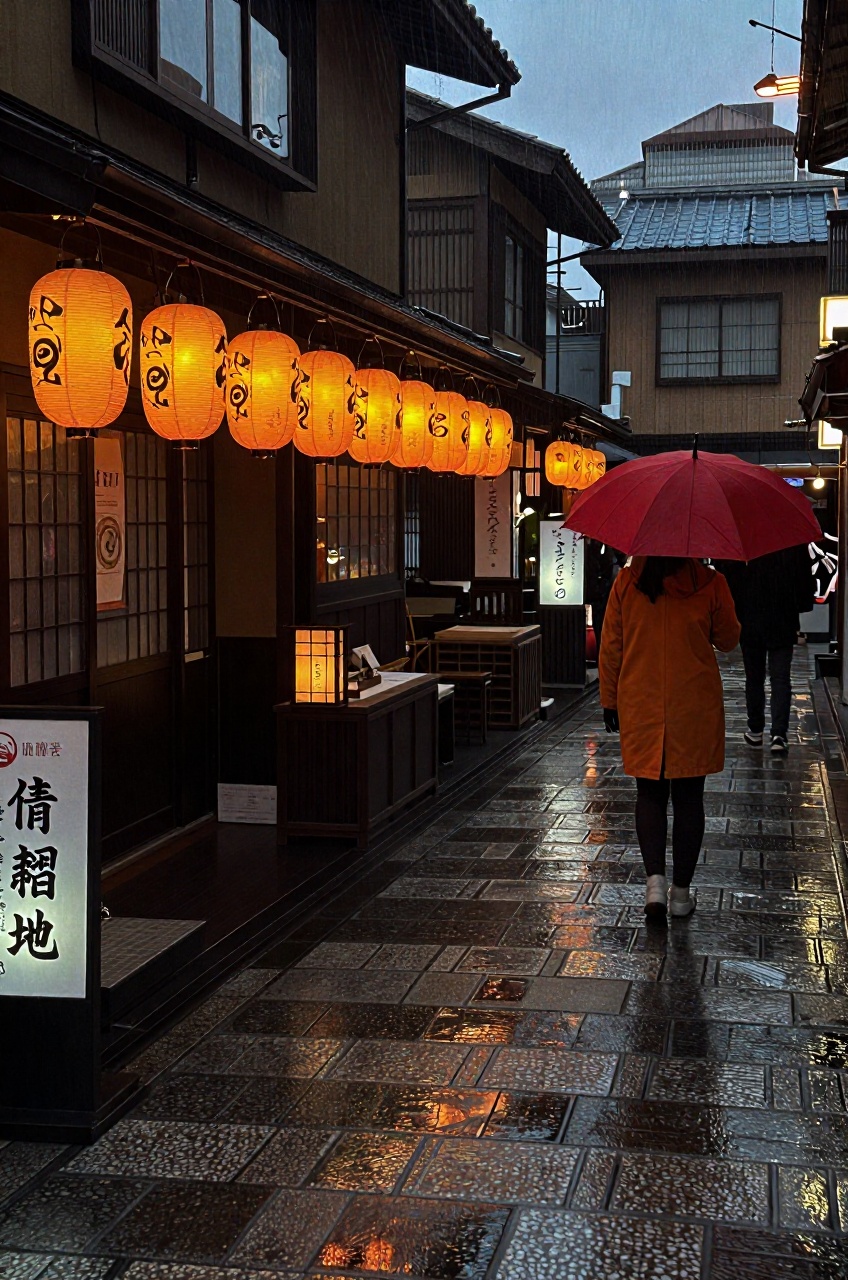 Real-life photograph of a rainy evening in a narrow Japanese alley. A person with a red umbrella and an orange coat stands...