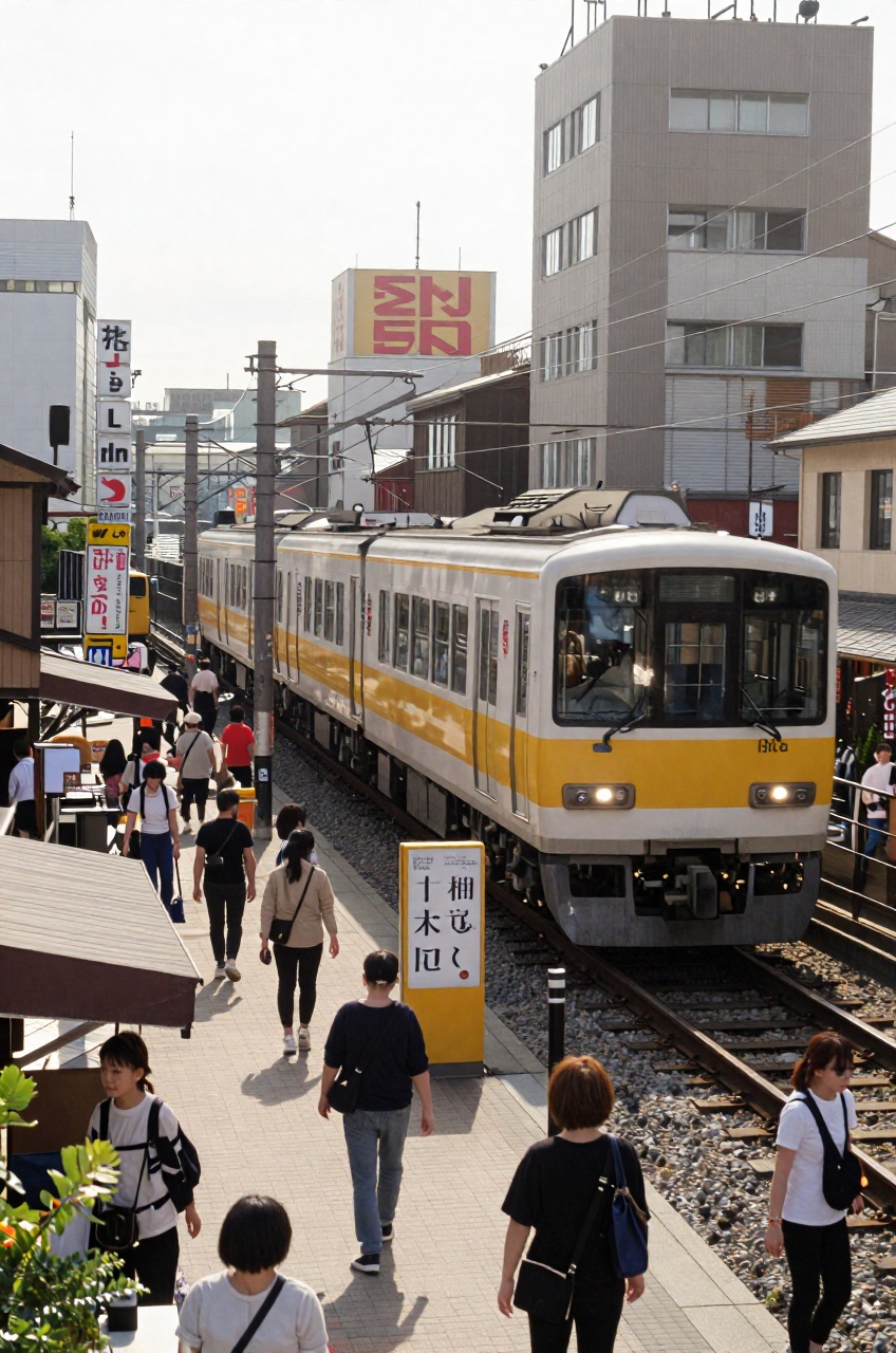 Real-life photograph of an elevated urban train line running through a Japanese town. A white and yellow passenger train i...