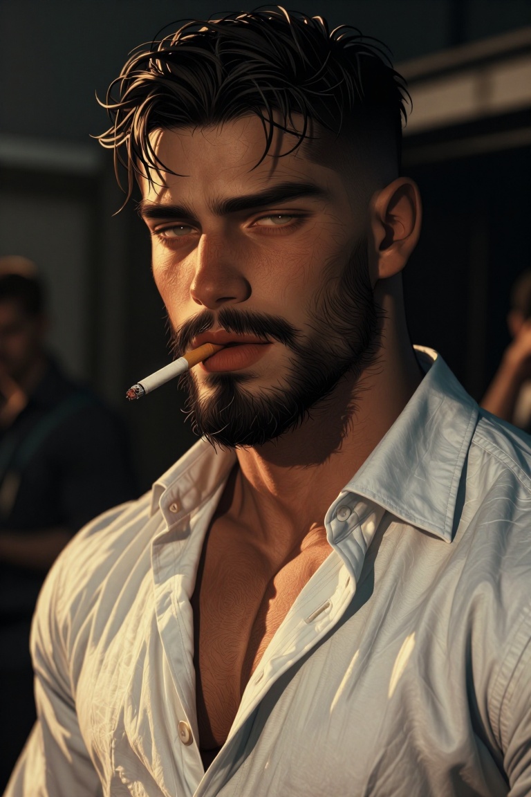 The image depicts a man with a rugged appearance,  characterized by a full beard and tousled hair. He is wearing a partial...