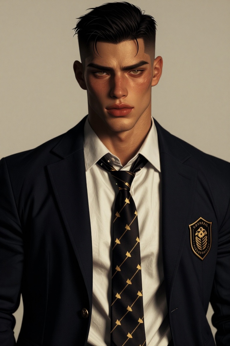 The image shows a young individual wearing formal attire. The person is dressed in a dark navy blazer over a white dress s...