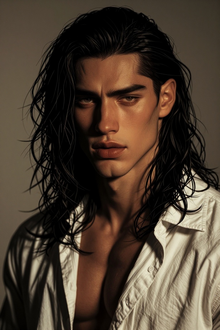The image shows a person with long,  wavy hair,  wearing a white shirt. The background is plain and neutral on Tensor.Art