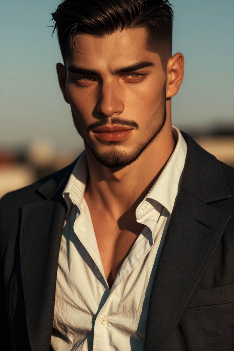 The image shows a person wearing a dark suit jacket over a light-colored shirt. The shirt is slightly unbuttoned at the co...