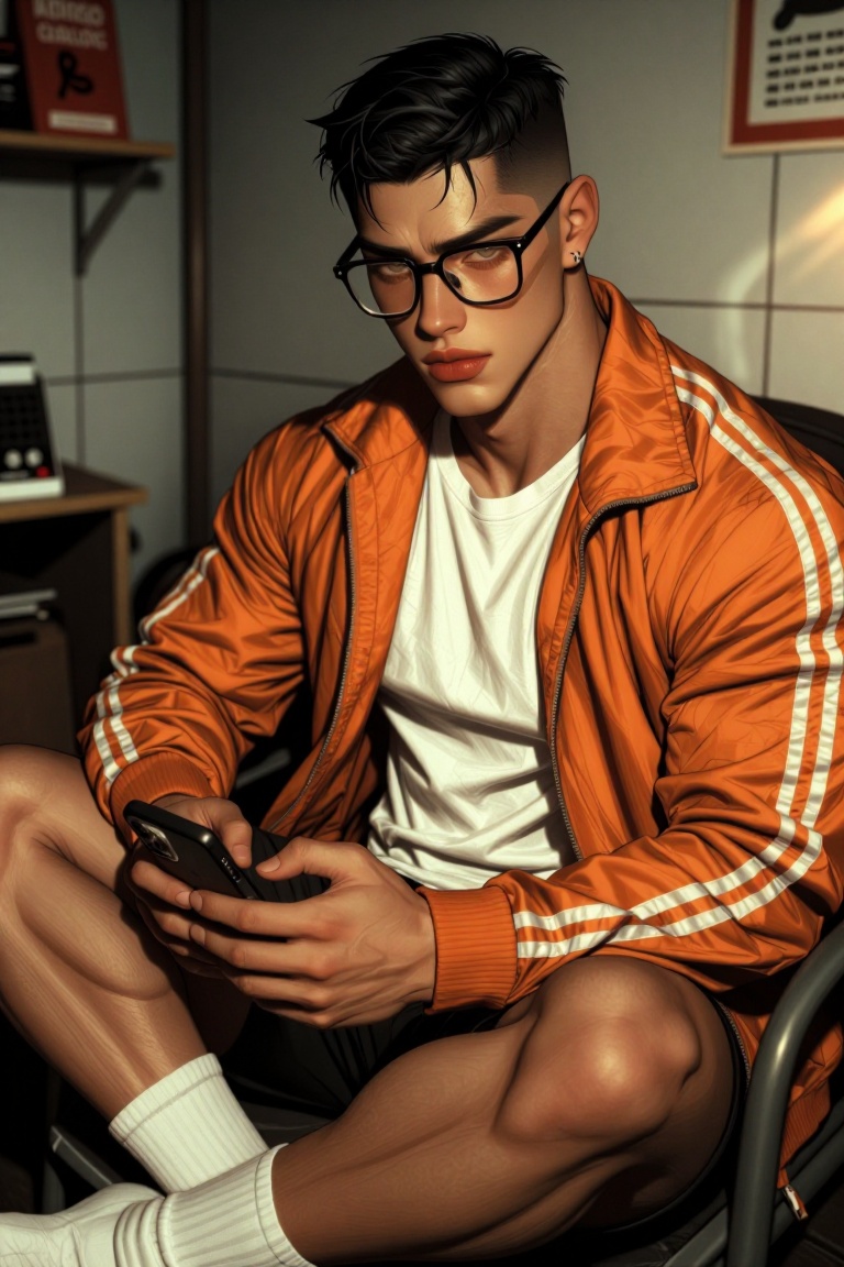 The image depicts a young man sitting in what appears to be a dimly lit room. He is wearing a bright orange jacket with wh...