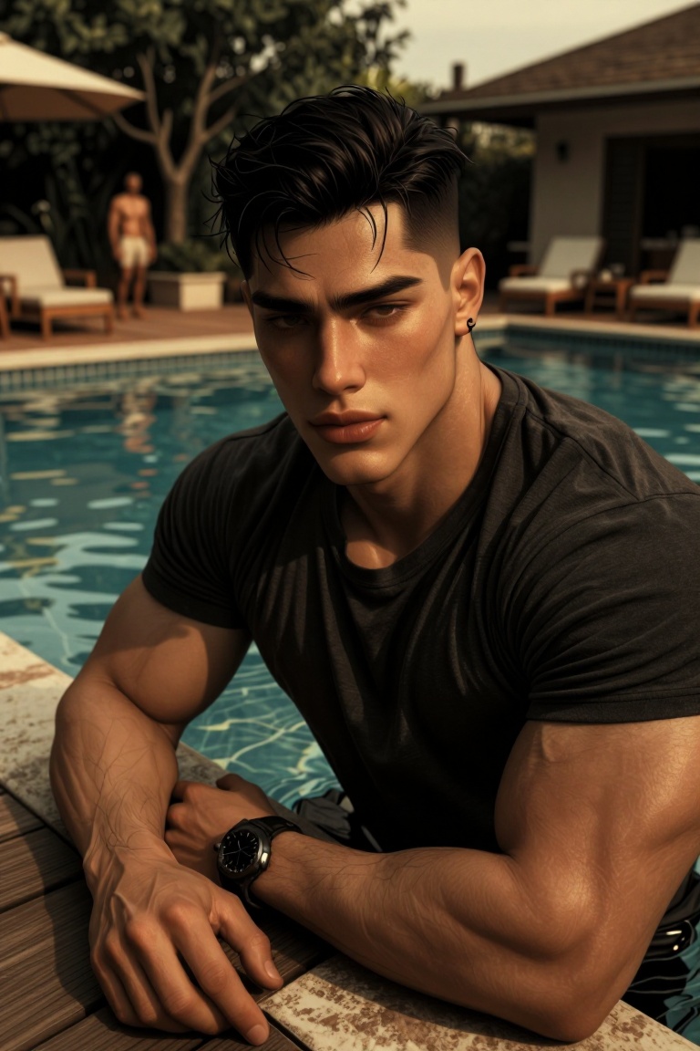 The image shows a person leaning over the edge of a swimming pool,  wearing a dark-colored t-shirt and a black wristwatch....