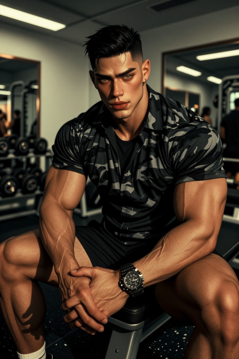 The image shows a person sitting on a bench in a gym. The individual is wearing a black and gray camouflage-patterned shir...