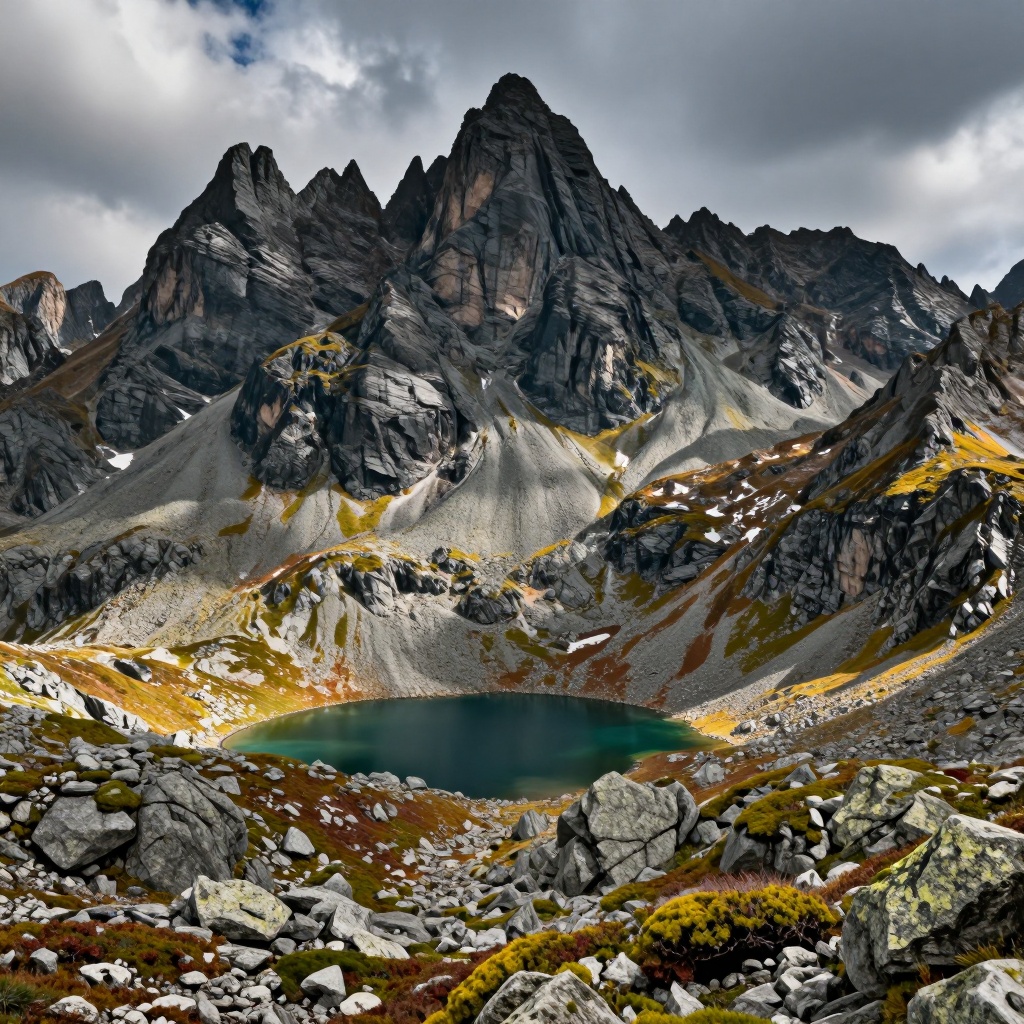 Jagged mountain peaks rise dramatically against a moody sky,  with sunlight illuminating a small alpine lake nestled among...