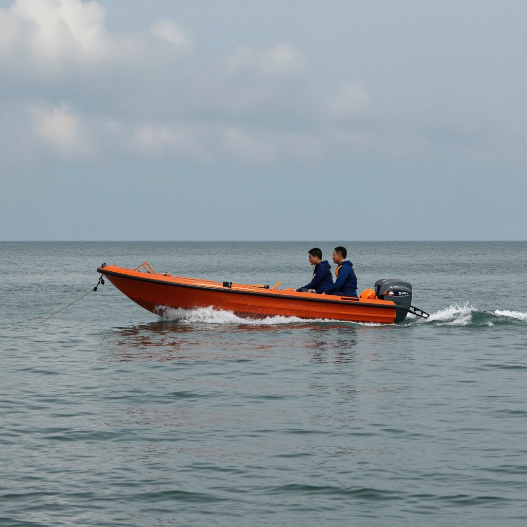 Two people in a bright orange boat are being towed by a motorboat,  with a calm sea and cloudy sky in the background. on T...