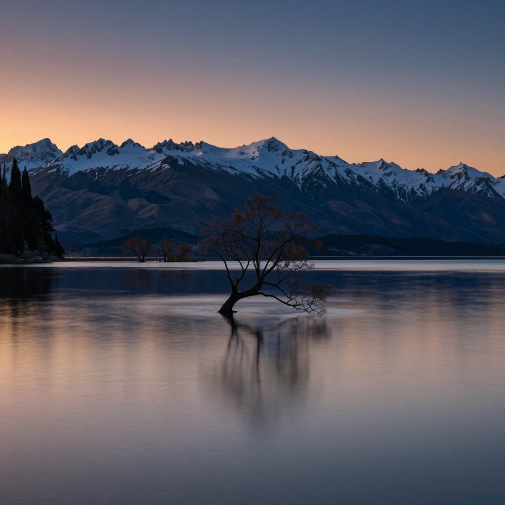 A solitary tree stands in a still lake,  surrounded by snow-capped mountains under a twilight sky painted with orange and...