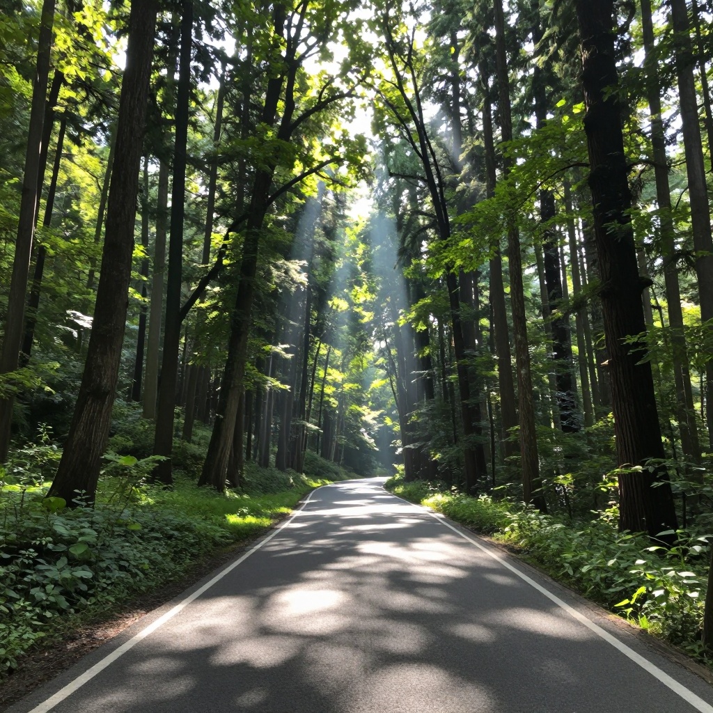 A winding road cuts through a dense forest,  illuminated by beams of sunlight filtering through tall,  verdant trees. on T...
