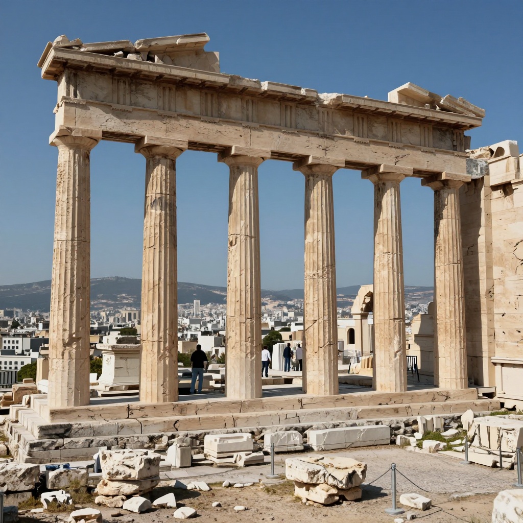 Ancient Greek ruins feature tall,  fluted columns supporting a partially collapsed roof,  with a panoramic view of a citys...