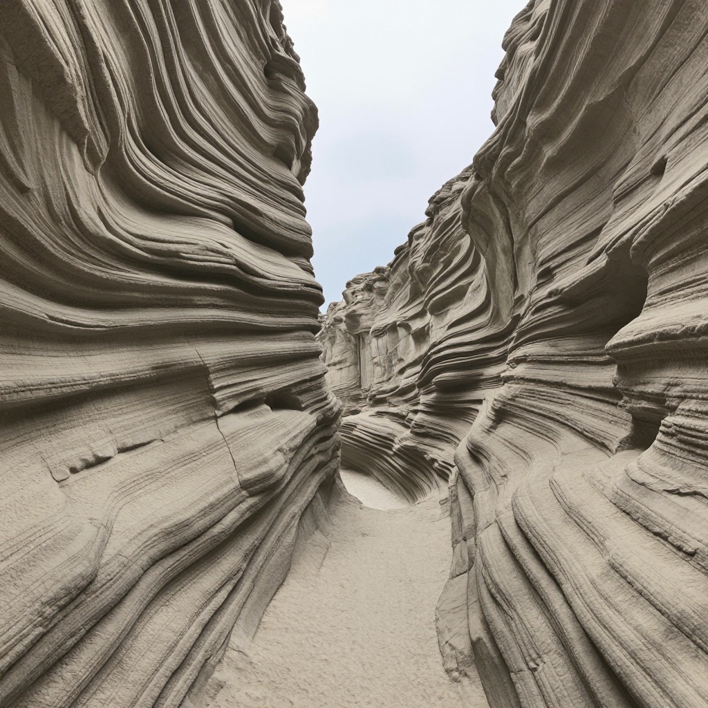 Curving sandstone walls rise dramatically towards a bright sky,  showcasing intricate patterns and shadows in a monochroma...