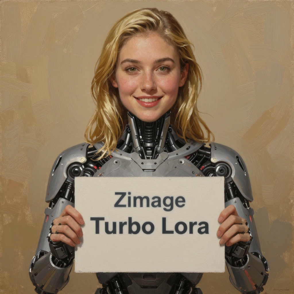 Self-portrait oil painting,  a beautiful cyborg with golden hair holding a sign saying "Zimage Turbo LoRa",  8k on Tensor.Art