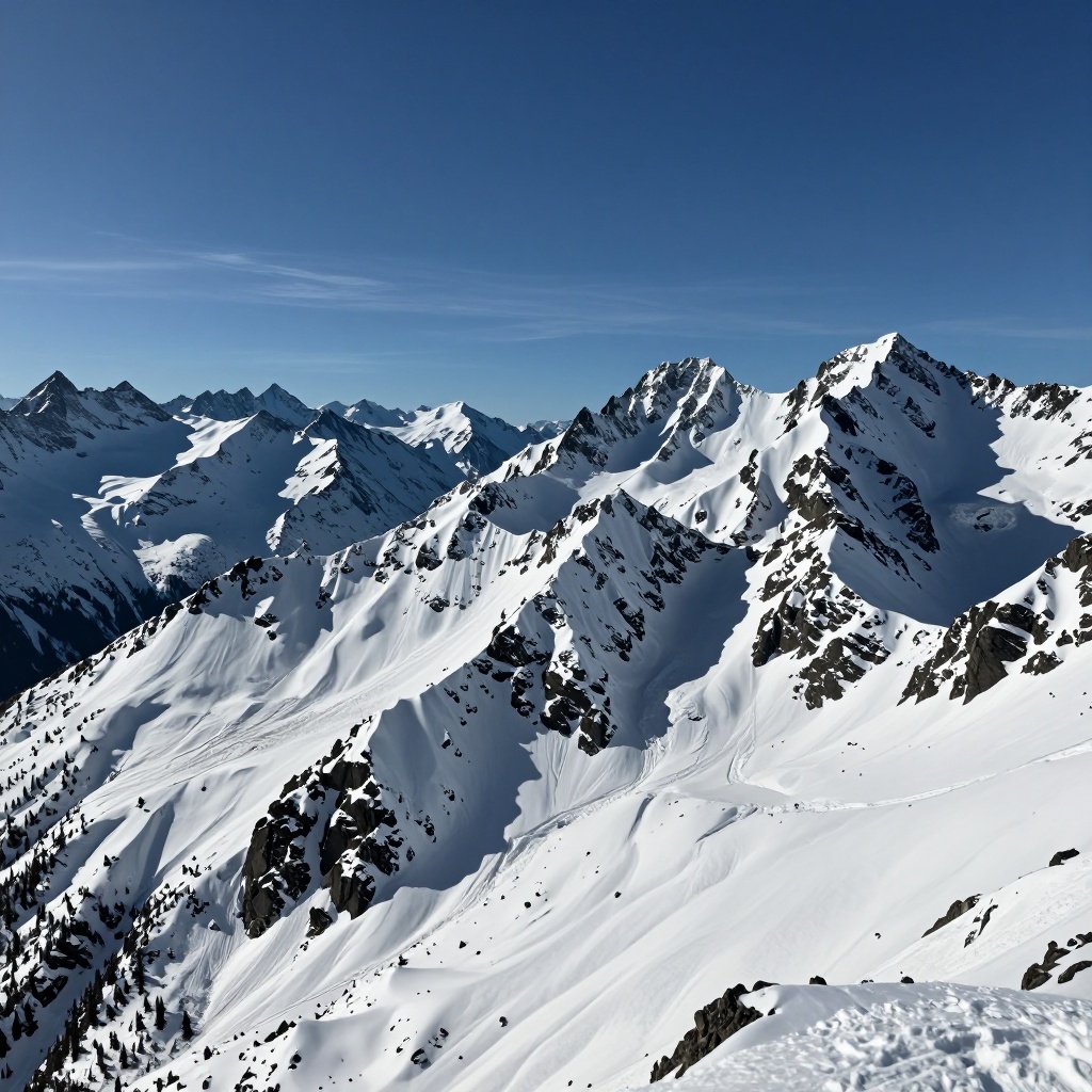 Snow-covered mountain peaks stretch across the horizon under a clear blue sky,  with rugged terrain creating depth and tex...