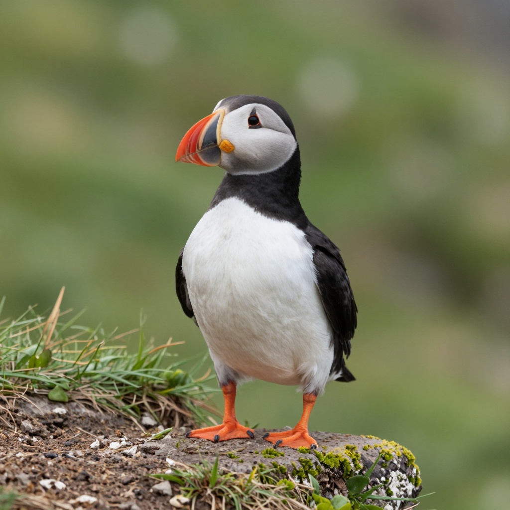 A puffin stands on a grassy ledge,  showcasing its distinctive black and white plumage,  bright orange beak on Tensor.Art