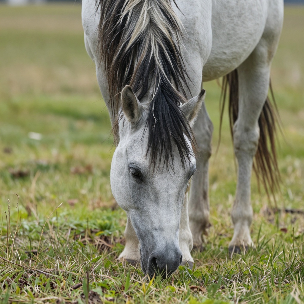 A white horse with a black mane grazes on the grass,  its head lowered and eyes focused on the ground. on Tensor.Art