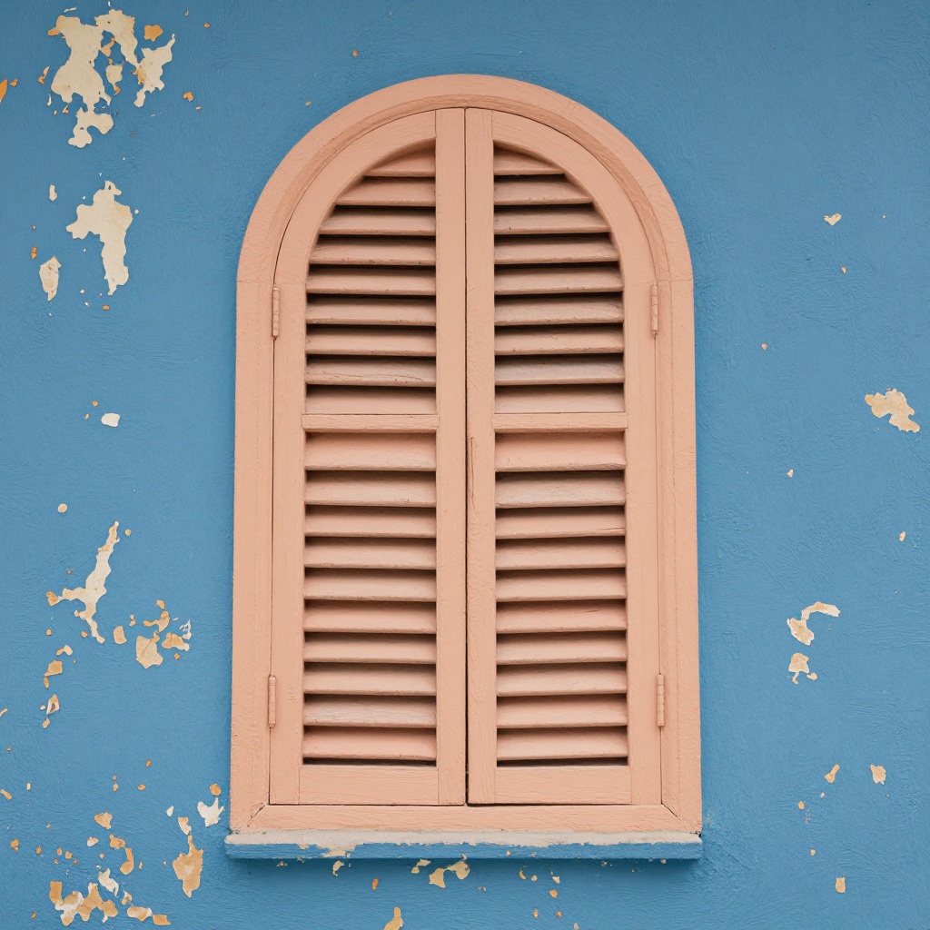 A decorative,  arched window with wooden shutters painted in a soft peach color,  set against a vibrant blue wall showing...
