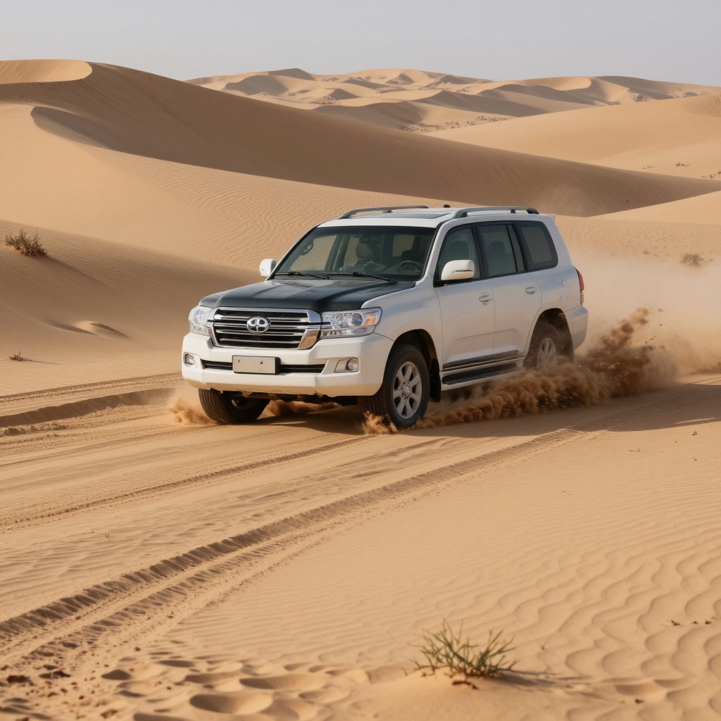 A white SUV kicks up a cloud of sand as it maneuvers through the undulating dunes of a desert landscape. on Tensor.Art