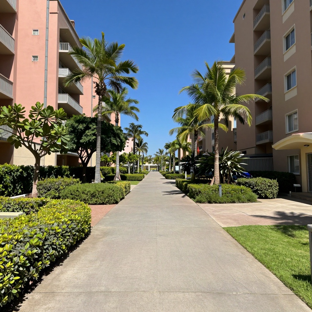 A wide pathway lined with manicured shrubs and palm trees stretches between two buildings,  featuring a pink apartment str...