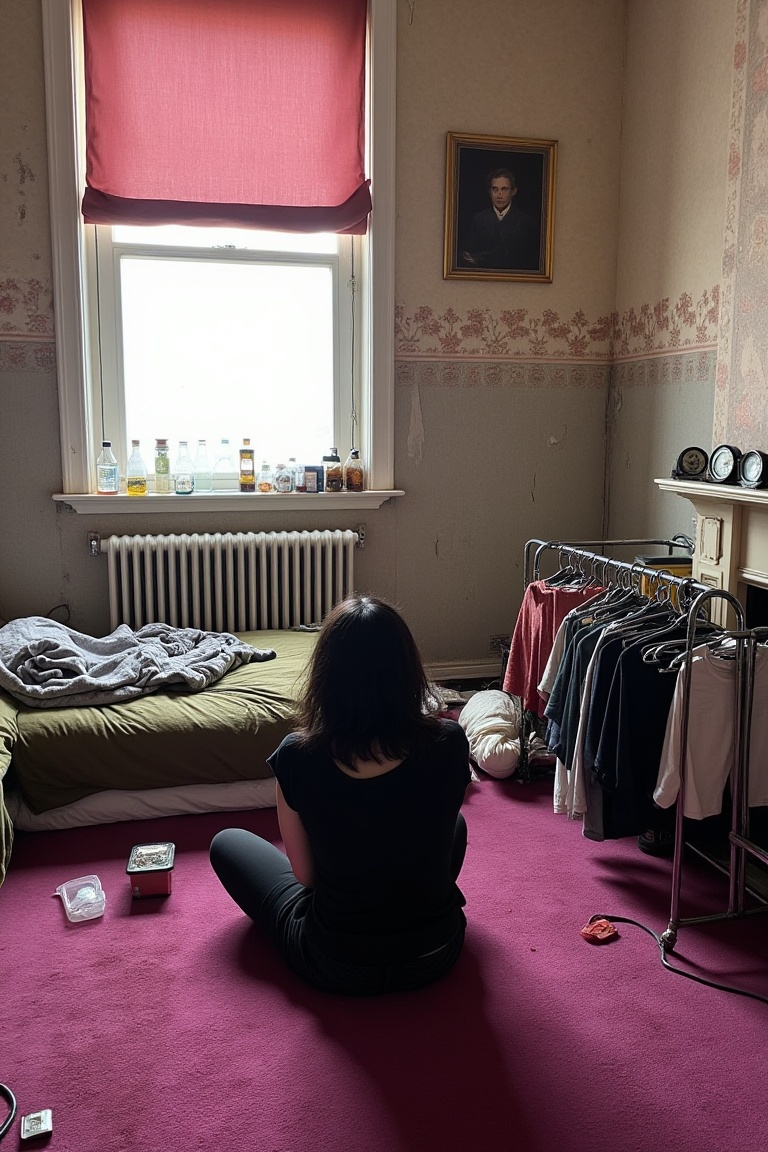 A young person with dark,  medium-length hair sits on the floor in a dimly lit,  lived-in bedroom on Tensor.Art