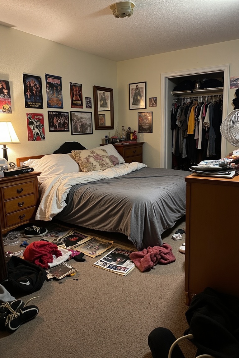 Dimly lit,  untidy bedroom with grunge aesthetic: floor scattered with clothes,  magazines on Tensor.Art